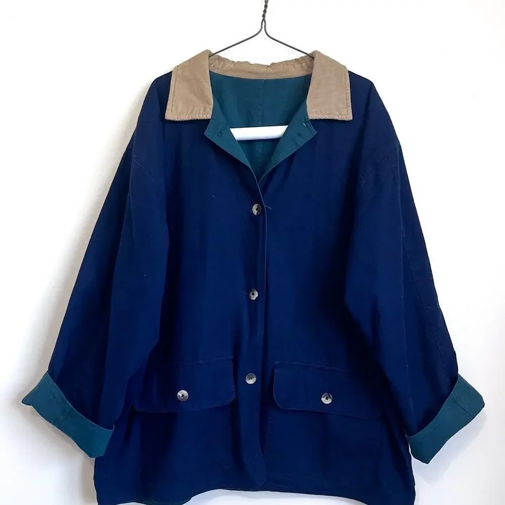 Vintage 90s Chore Barn Mens Jacket Size XL Blue Green Reversible Corduroy Collar